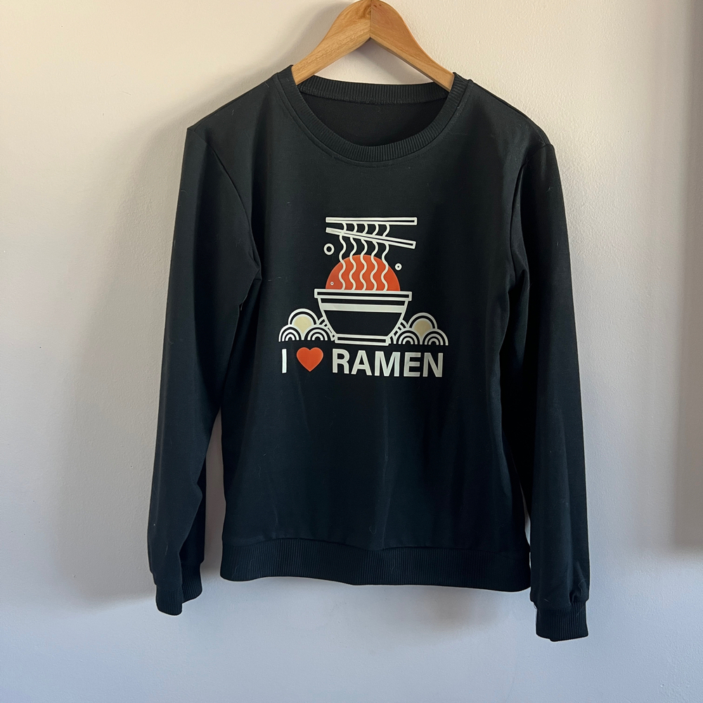Black I ❤️ Ramen Graphic Sweatshirt Long Sleeve Slim Fit S Anime Food